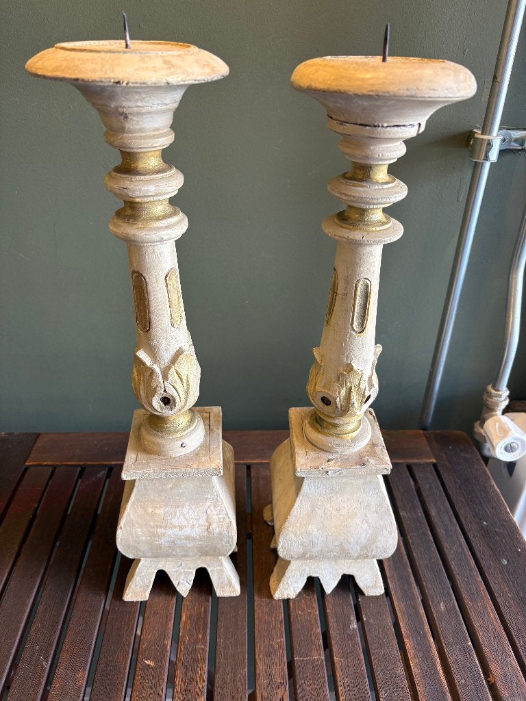 Prachtige Set Frans Brocante Houten Kaarsen Kandelaren., Ophalen of Verzenden