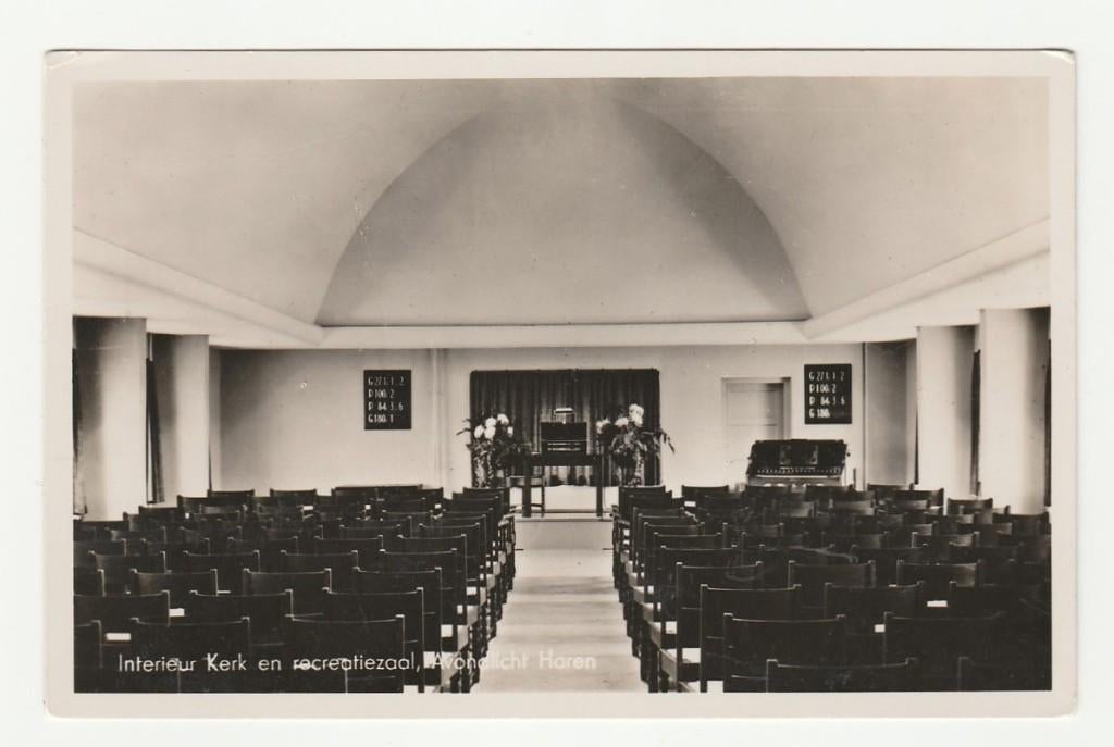 Haren (bij Groningen) - Avondlicht, interieur Kerk en recrea, Verzenden, 1940 tot 1960, Ongelopen, Groningen