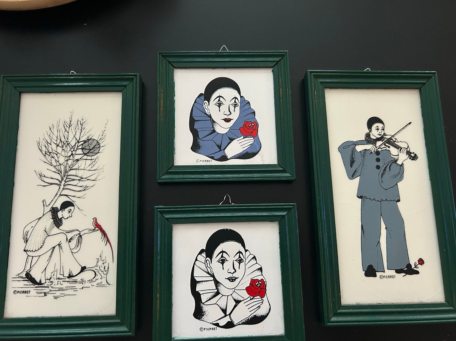 Set van 4 Pierrot kunstwerken in lijst, Ophalen of Verzenden, Print, Print/reproductie, Gesigneerd