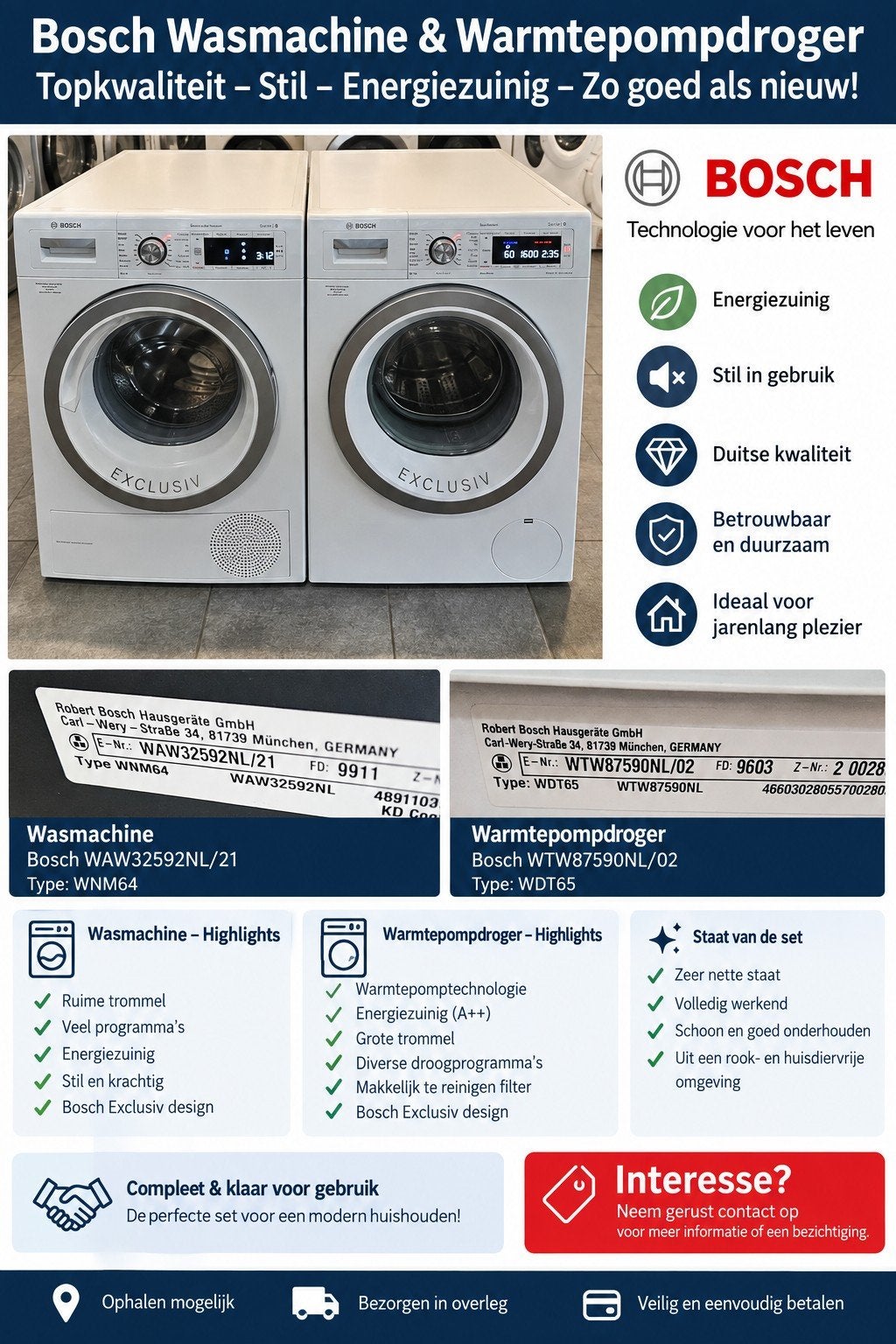 refurbished 9KG  Bosch Wasmachine WAW32592NL/21 & Warmtepomp, Witgoed en Apparatuur, 8 tot 10 kg, Ophalen of Verzenden, 1600 toeren of meer