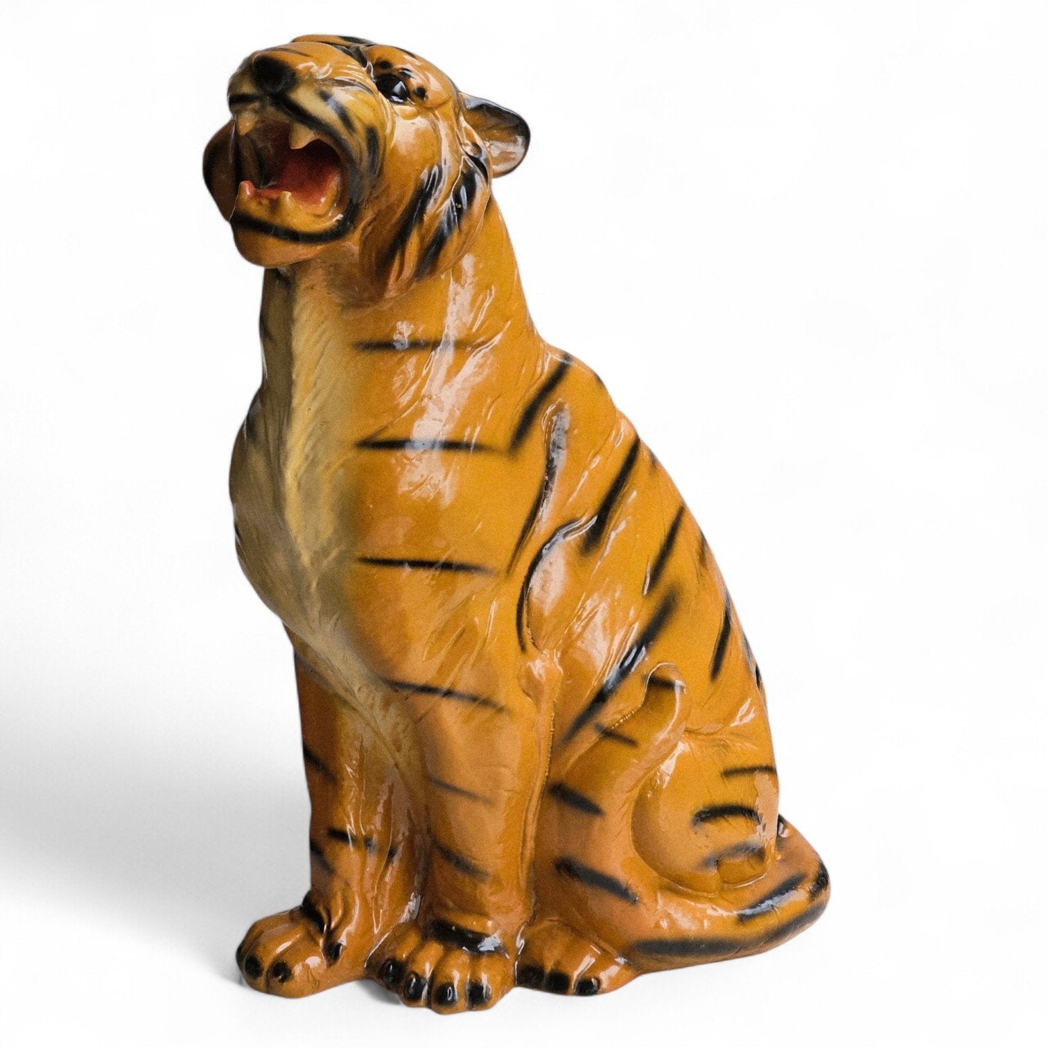 Vintage Tijger Beeld, Hollywood Regency Itiliaans keramiek., Art deco, Beeld, Bruin, Europa