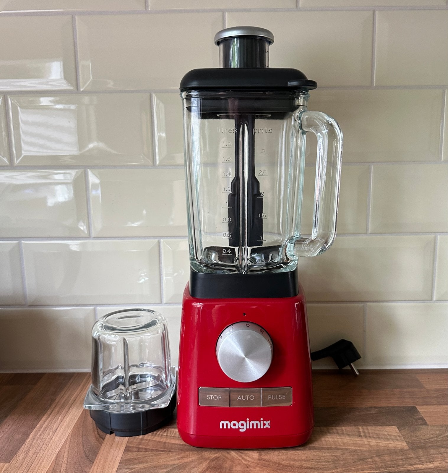 Magimix Blender 1613 1200W glazen kan 1,8L en mini kom Rood, Ophalen, Gebruikt, Blender