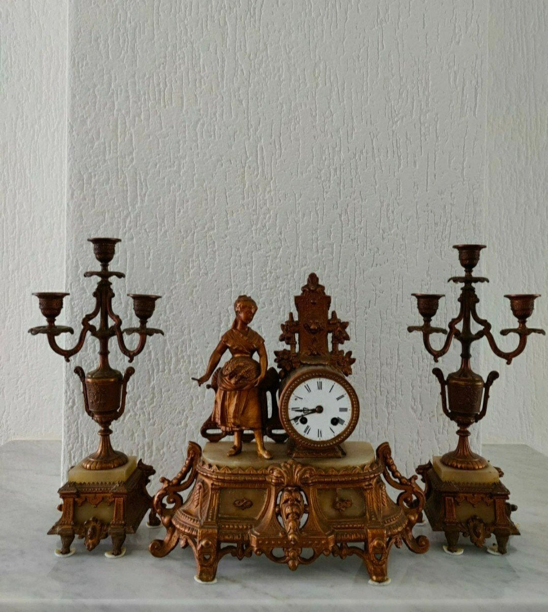 Antiek Frans schouwklokstel / pendule-garnituur, Ophalen