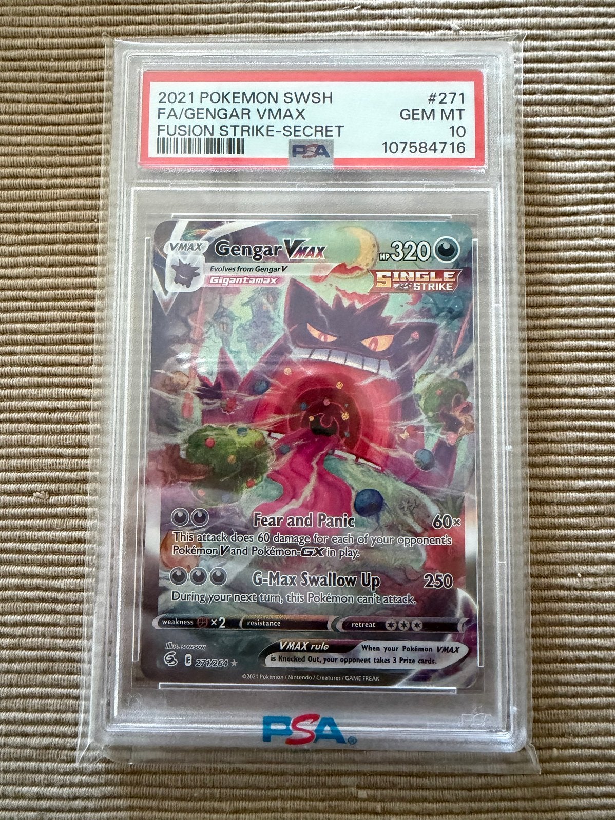 Gengar VMAX 271 PSA 10 Fusion Strike Pokémon Kaart, Hobby en Vrije tijd, Ophalen of Verzenden, Nieuw, Losse kaart