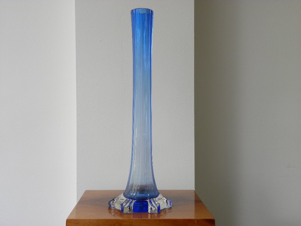Hoge Art Deco Vaas - Blauw/Transparant - Boheems Glas, Ophalen of Verzenden