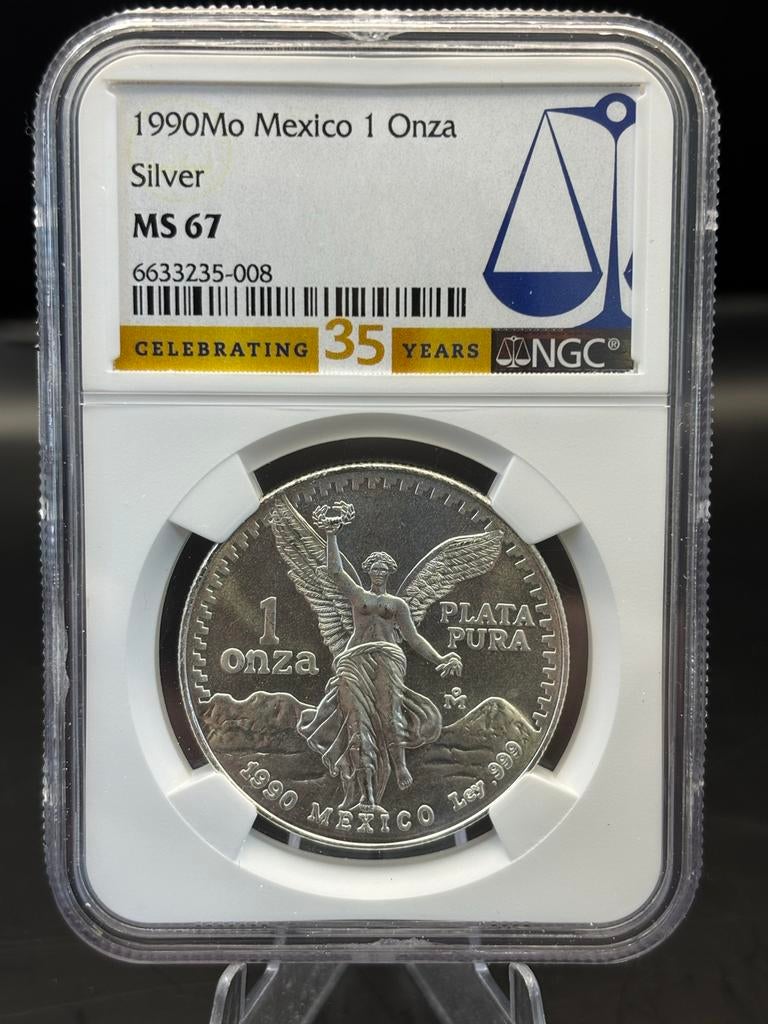 1990 Mexico Zilveren Libertad 1 Oz NGC MS67, Postzegels en Munten, Munten | Amerika, Ophalen of Verzenden, Midden-Amerika, Losse munt