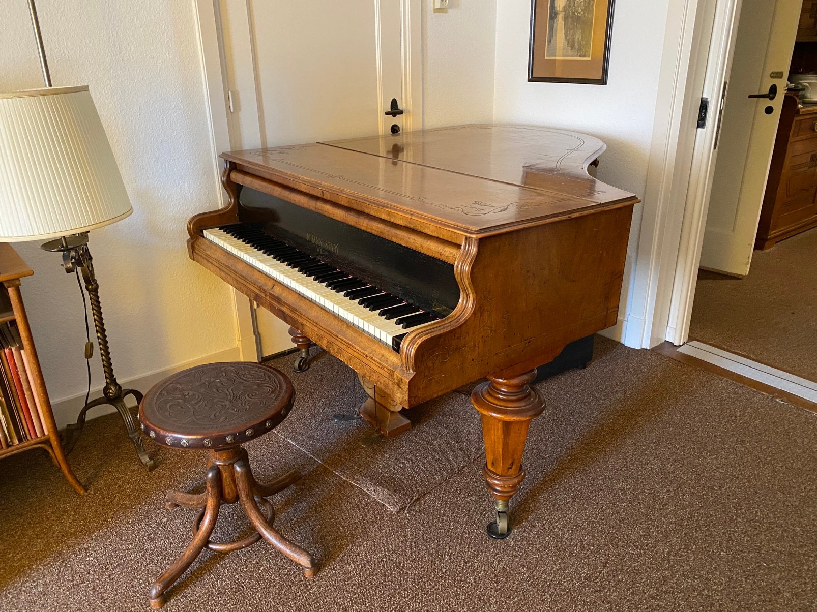Bijzonder mooie en gave Johann Starry vleugel van rond 1890, Muziek en Instrumenten, Piano's, Ophalen, Zo goed als nieuw, Zwart