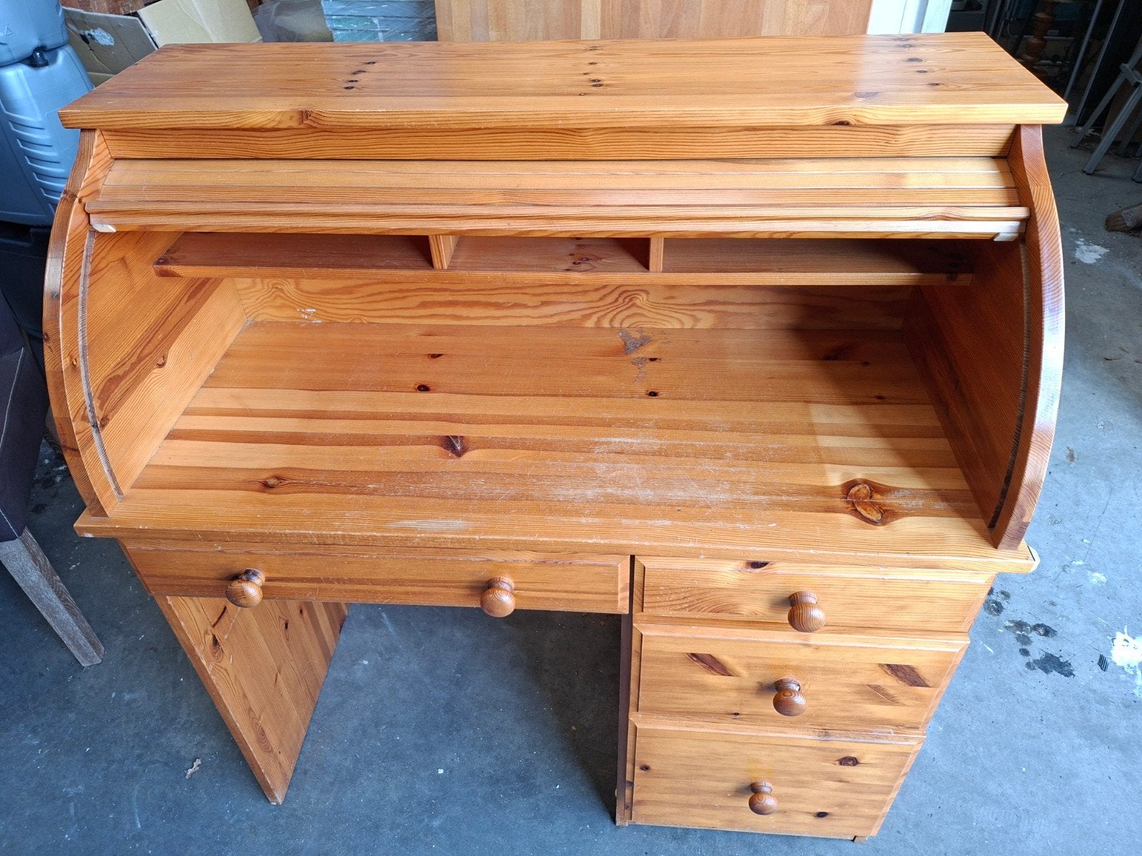 Vintage rolluikbureau van grenenhout met lades, Ophalen, Met lades, Gebruikt, Hout