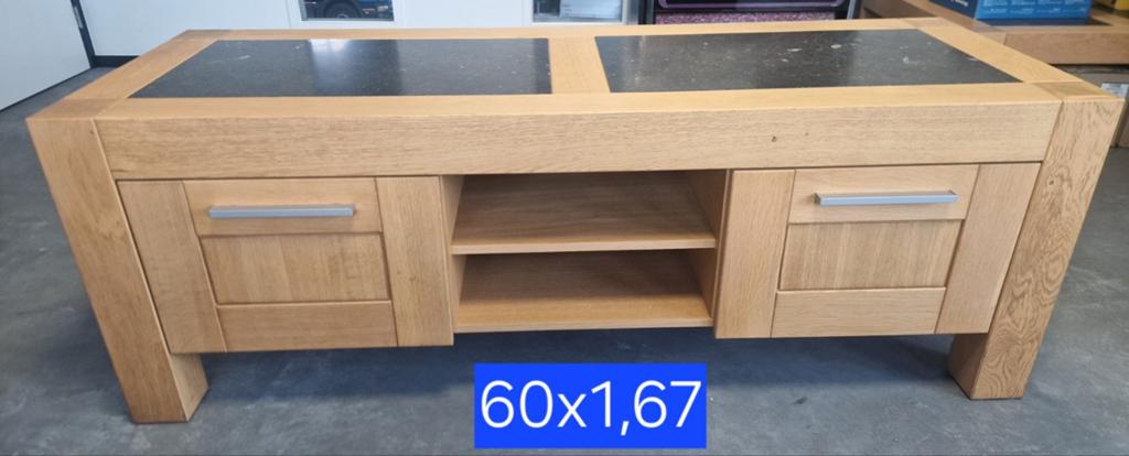 Eiken tv meubel met hardstenen tegels - 60x167 cm, Ophalen, Gebruikt, 150 tot 200 cm, Overige materialen