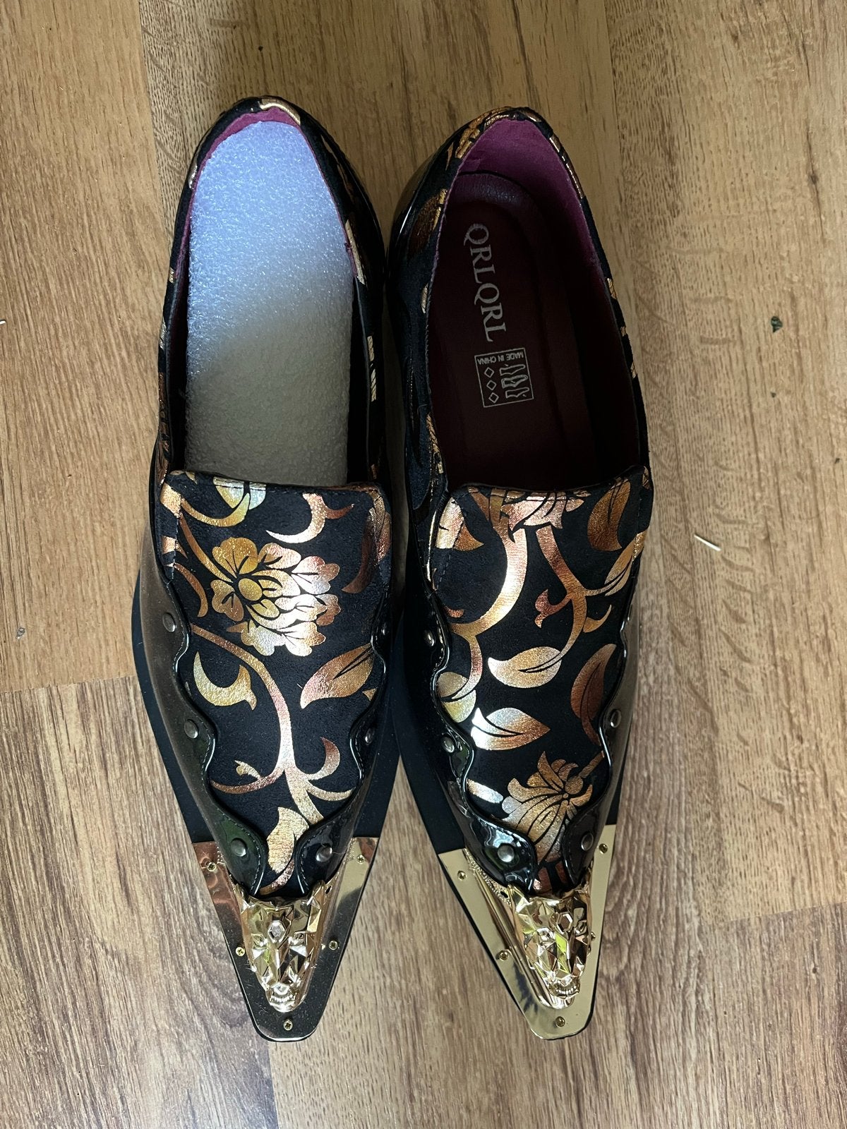 QRLQRL Heren Loafers Zwart Goud Bloemenpatroon Puntneus, Loafers, Bruin, Nieuw, Ophalen of Verzenden