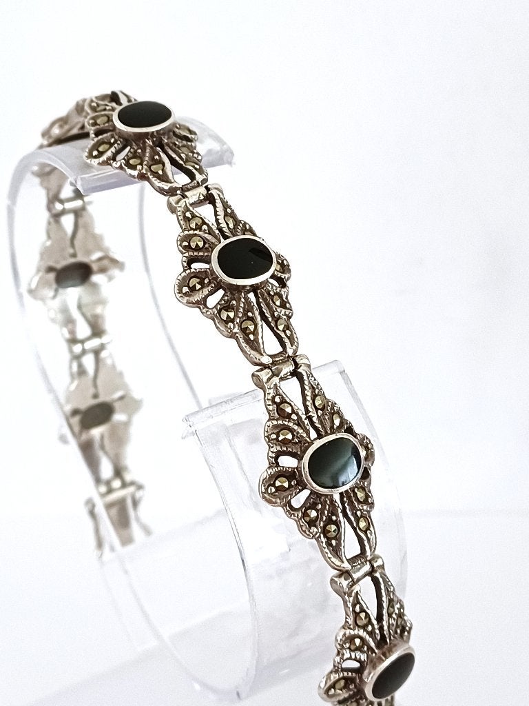 art deco armband zilver- onyx- marcasiet, Sieraden, Tassen en Uiterlijk, Ophalen of Verzenden, Zilver, Armband, Met edelsteen