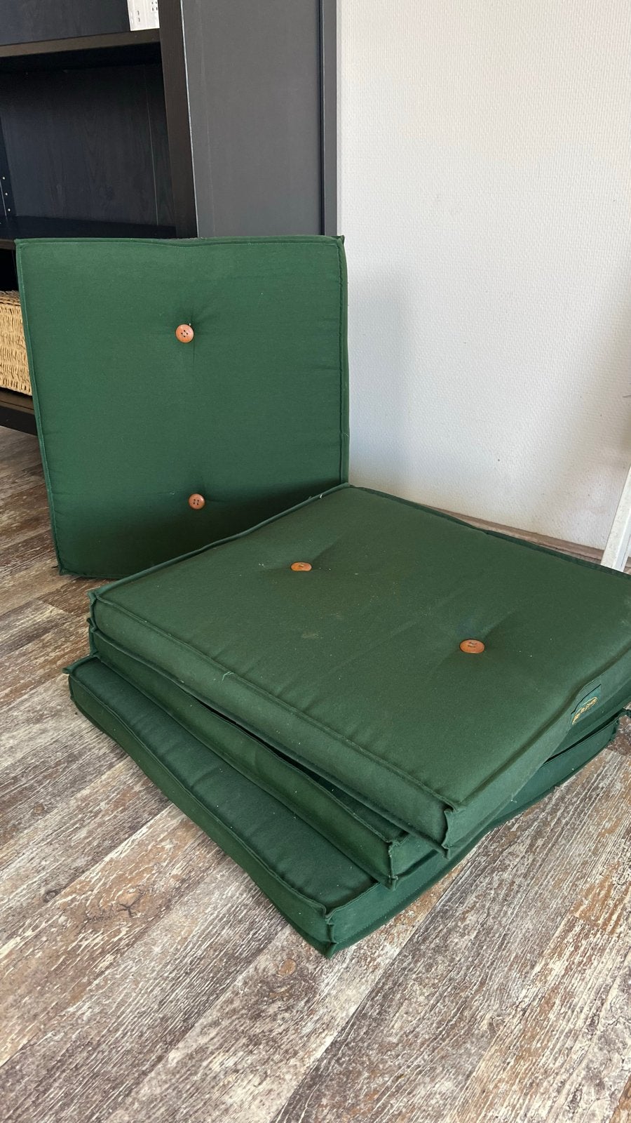 Groene tuinstoel zitkussens met knopen, 4 stuks, Ophalen, Gebruikt, Kunststof