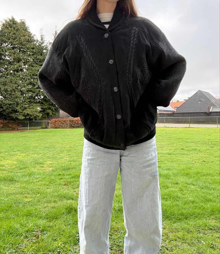Vintage Westbury Wollen Leren Bomber Jas - XL, Zwart, Maat 46/48 (XL) of groter, Ophalen of Verzenden, Gedragen