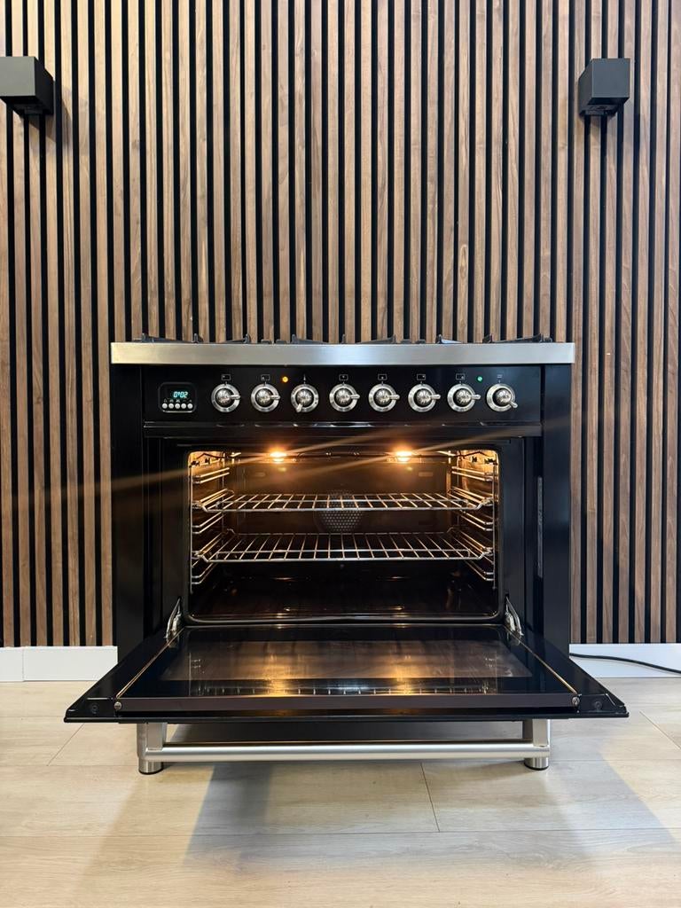 Luxe hoogglans zwarte Boretti Fornuis 90cm (Gratis bezorgen), 5258sh, 60 cm of meer, Ophalen of Verzenden, Zo goed als nieuw