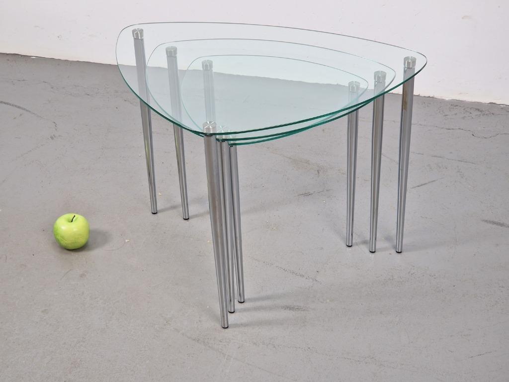 Set 3 Nesting bijzettafels glas Chrome Italy ´60 mimiset, 45 tot 60 cm, Minder dan 55 cm, N, Ophalen of Verzenden