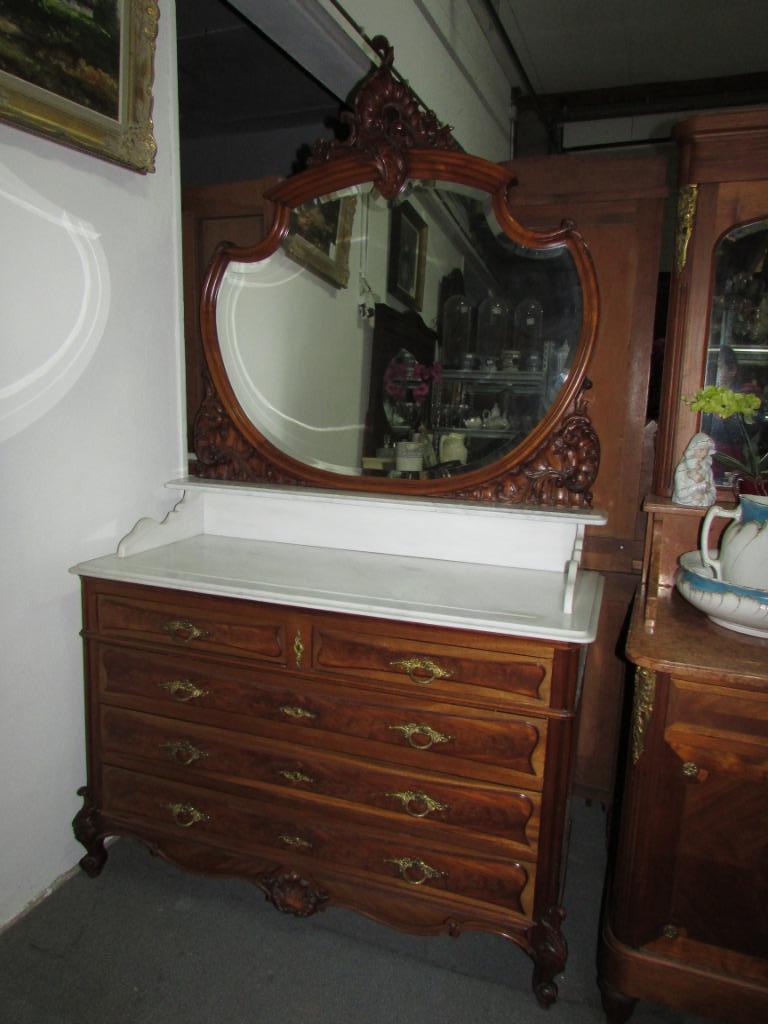 antieke mahonie lade commode kaptafel met wit marmer blad, Ophalen, 100 tot 150 cm, Zo goed als nieuw, Antiek mahonie