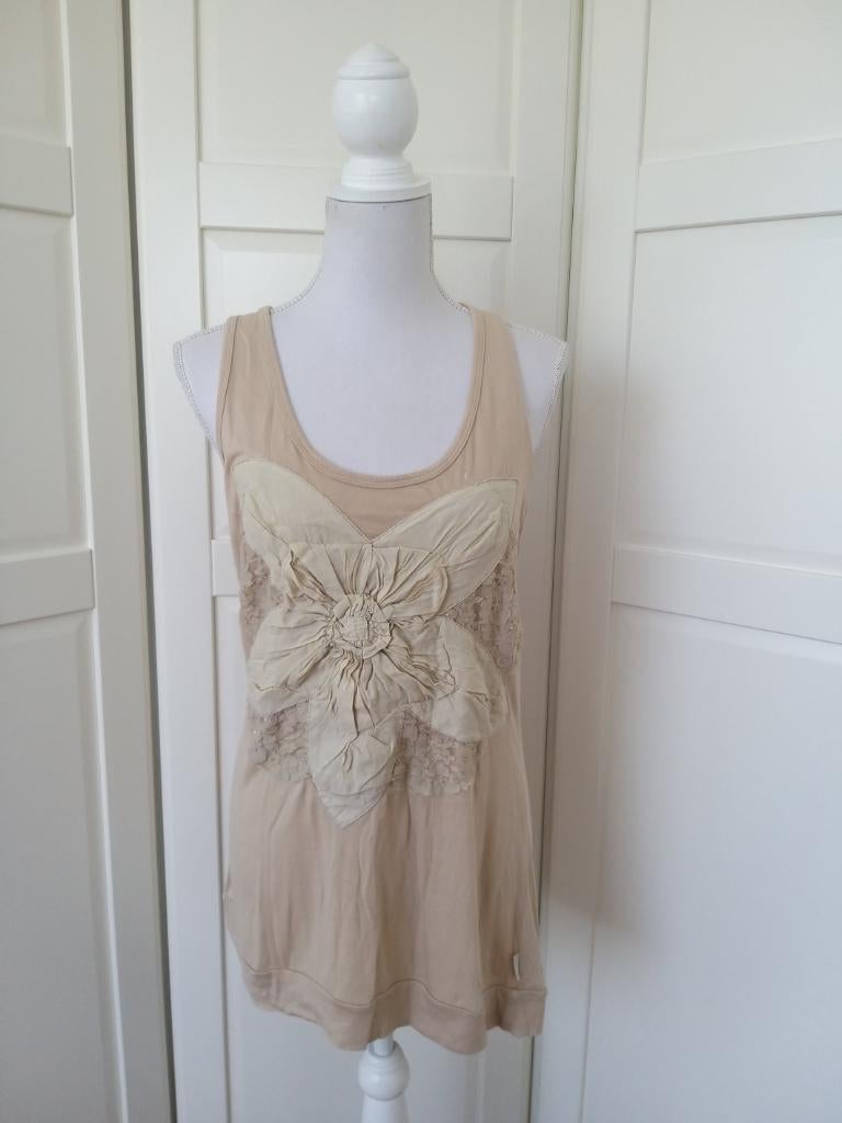 DIDI zandkleurige mouwloze top met bloem, maat L, Kleding | Dames, Tops, Gedragen, Maat 42/44 (L), Beige, Zonder mouw, Ophalen of Verzenden