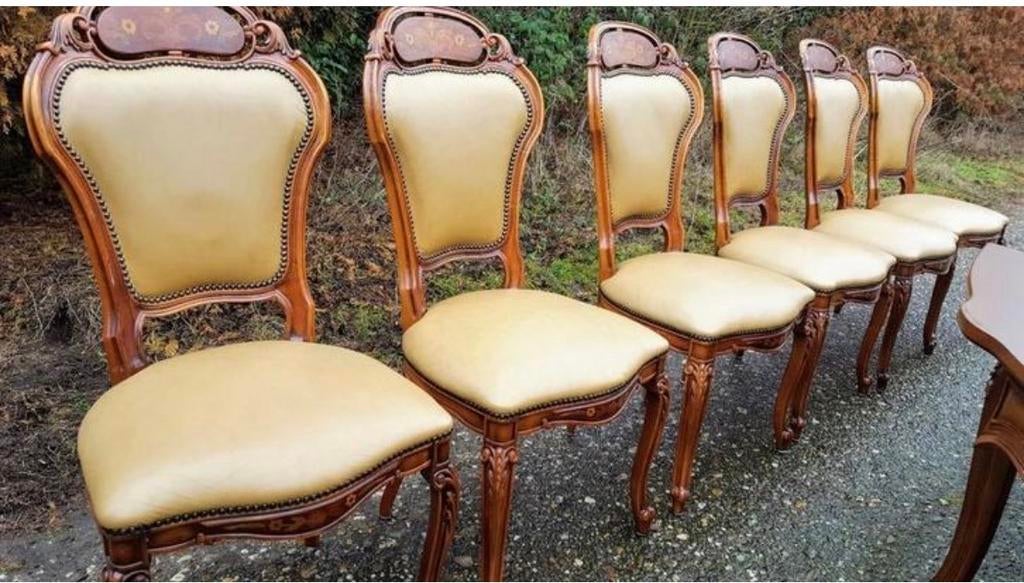 6 Italiaanse Eetkamerstoelen met Intarsia Inleg Leder, Ophalen