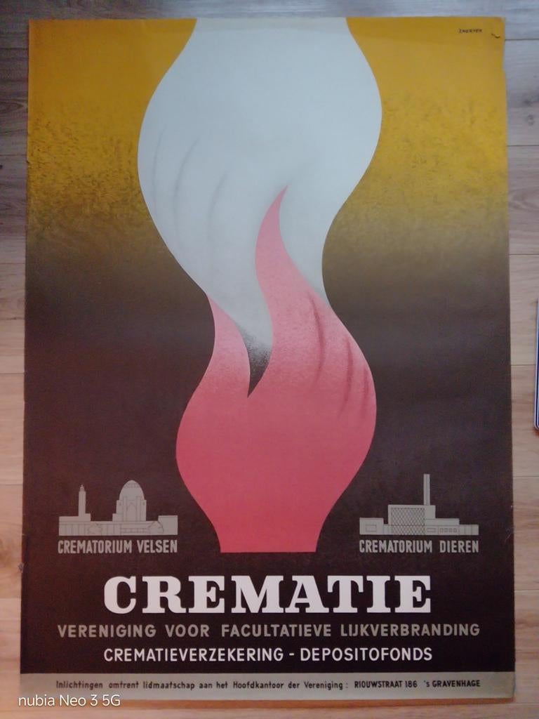 Vintage Crematie Affiche - Velsen & Dieren, Deurposter of groter, Ophalen of Verzenden, Reclame, Rechthoekig Staand