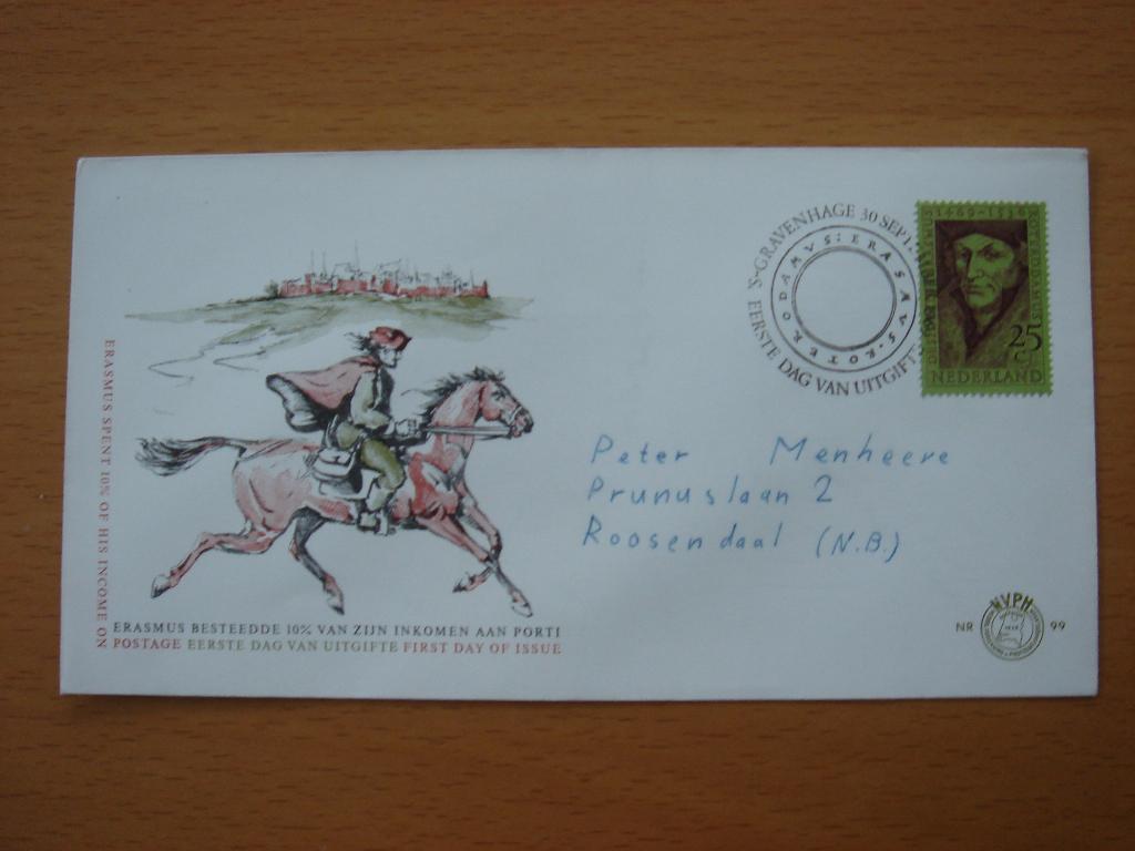 NVPH E99 1e Dag-enveloppe 1969 Erasmus Desiderius, Ophalen of Verzenden, Beschreven, Nederland
