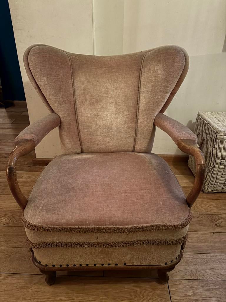 Vintage 50's velours oud roze rook stoel fauteuil, Antiek en Kunst, Antiek | Meubels | Stoelen en Banken, Ophalen