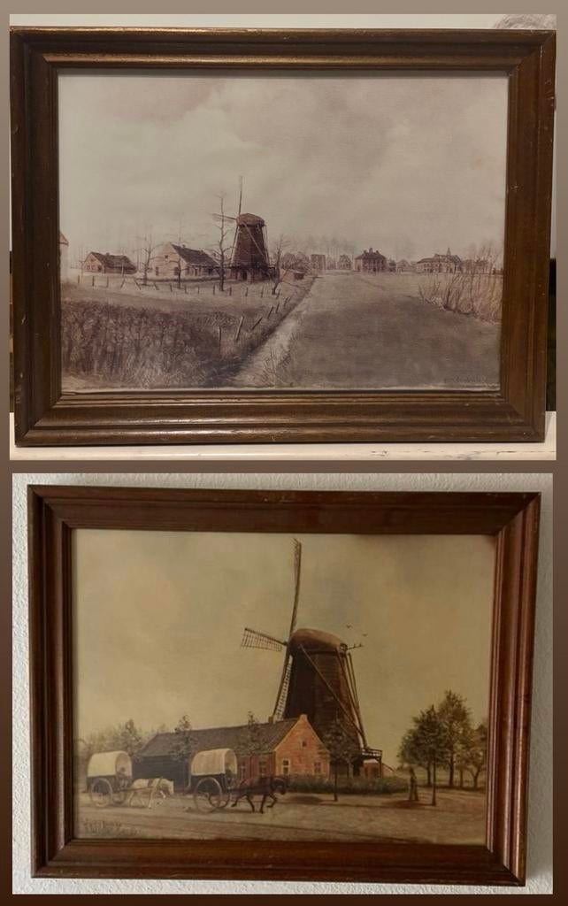 Set van 2 Sfeervolle Landschappen (molen) - Joh. Stokwielder, Ophalen of Verzenden