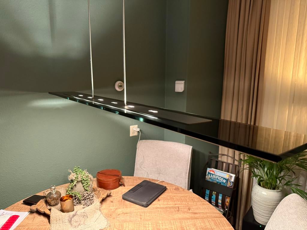 Moderne RVS en glazen eettafellamp met halogeen, Ophalen, Gebruikt, Glas, 75 cm of meer