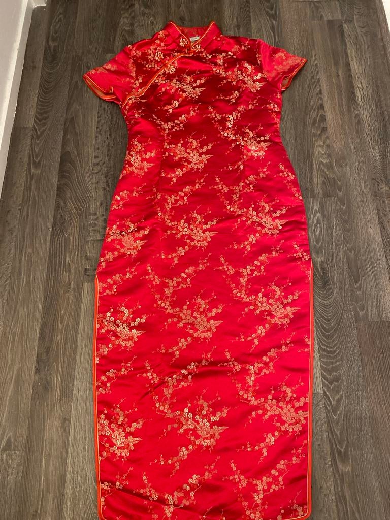 Rode Chinese Jurk met Bloemen - Maat l, Ophalen of Verzenden, Zo goed als nieuw, Maat 38/40 (M), Carnaval