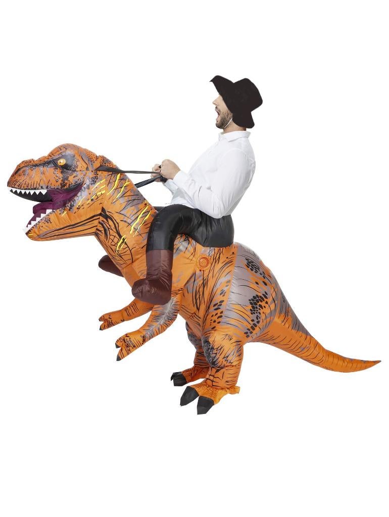 Rijdend op T-rex Bruin Opblaas Pak Carnaval Opblaaspak, Carnaval, Nieuw, Overige maten, Ophalen of Verzenden