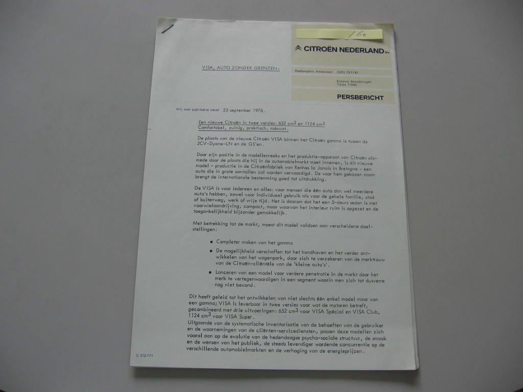 CITR 160 Citroën persbericht CITROËN VISA, 23 sept 1978., Boeken, Auto's | Folders en Tijdschriften, Zo goed als nieuw, Citroën