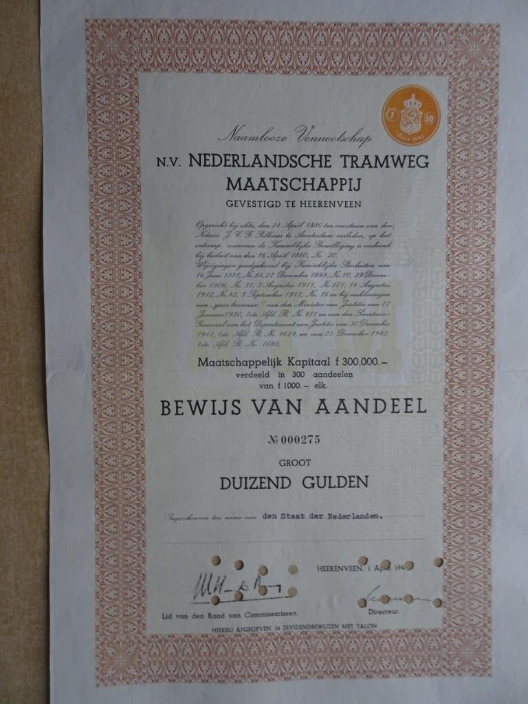 Aandeel Nederlandsche Tramweg Ma. Heerenveen 1942. ZELDZAAM, Ophalen of Verzenden, Aandeel