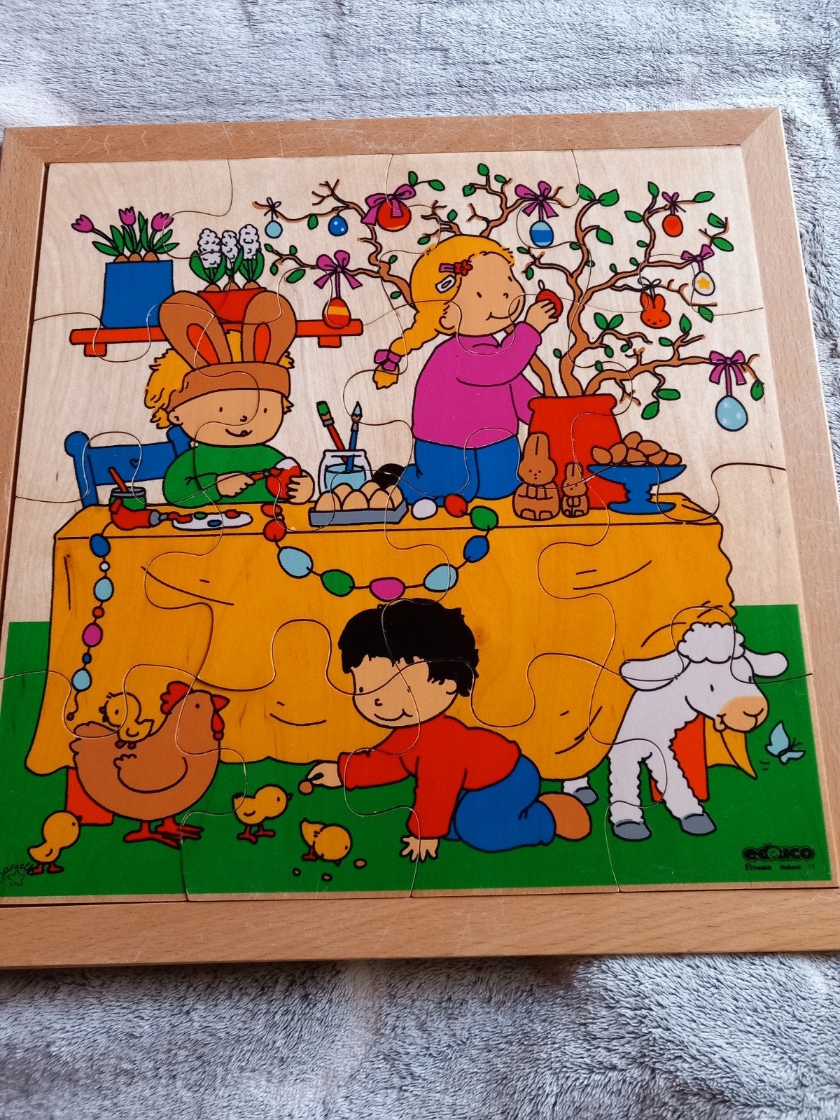 Houten Pasen puzzel voor kinderen educo 16 stuks hout, 2 tot 4 jaar, Gebruikt, 10 tot 50 stukjes, Ophalen of Verzenden