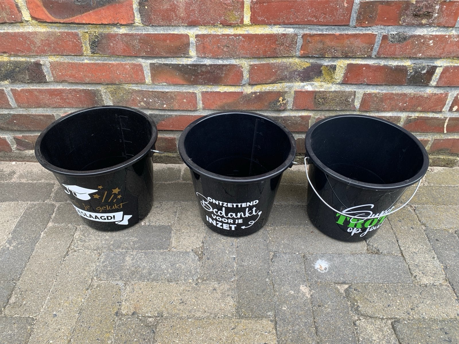 Set van 3 zwarte emmers met leuke teksten, Huis en Inrichting, Emmers, Gebruikt, Ophalen of Verzenden