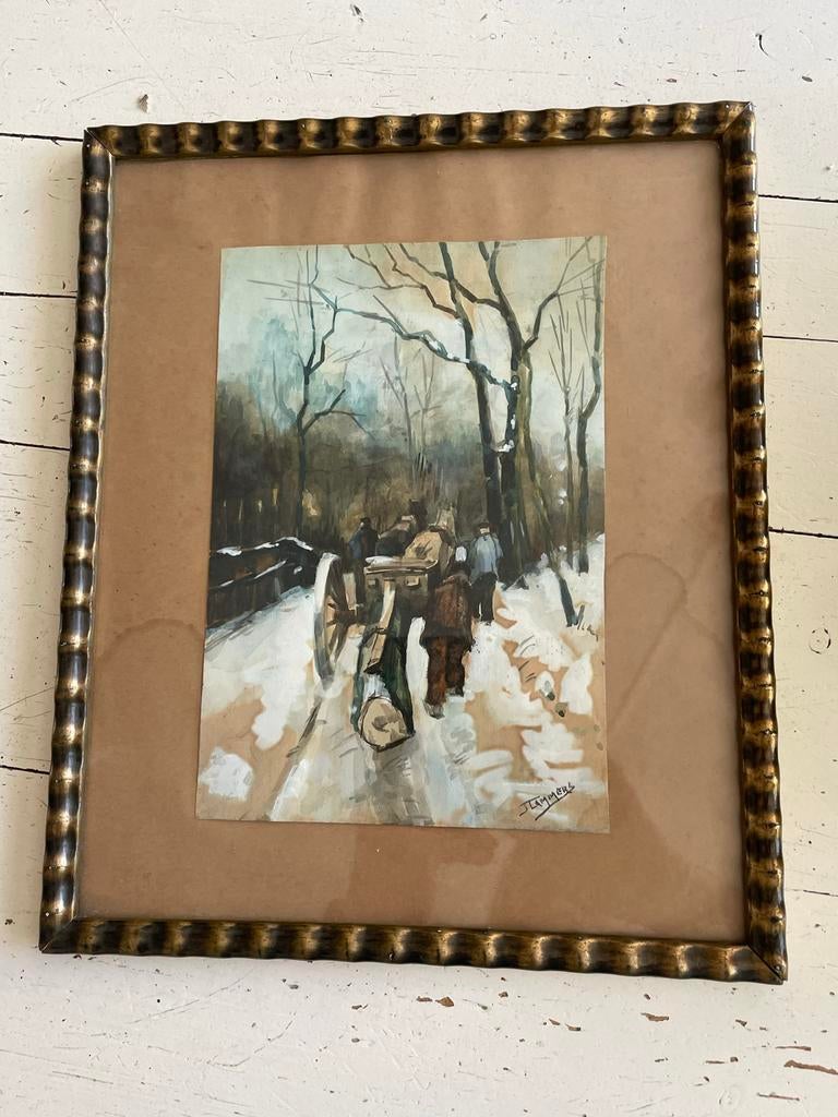 Antieke aquarel van J. Lammers - Winterlandschap, Ophalen