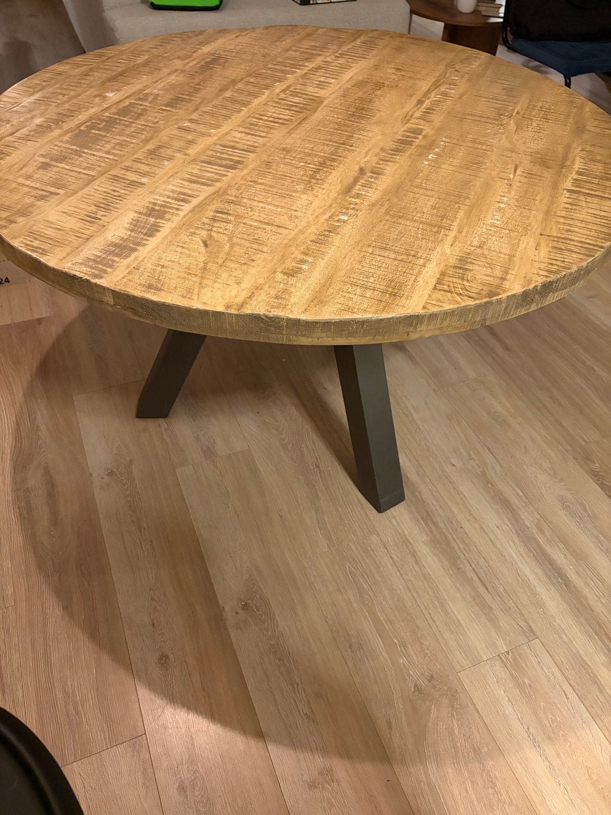 Ronde eettafel, 120cm, mangohout, metalen poten, Ophalen, 100 tot 150 cm, Rond, Zo goed als nieuw