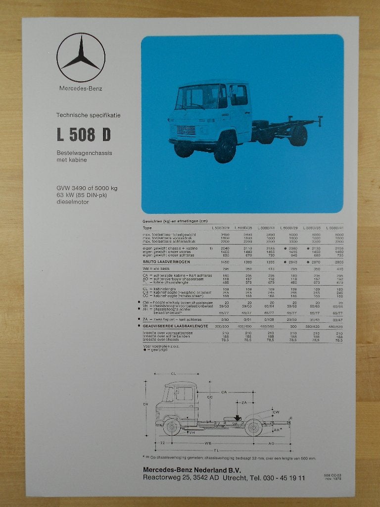 Mercedes 508 D Technische Specificatie Brochure 1979 DC 508D, Zo goed als nieuw, Mercedes-Benz, Mercedes, Ophalen of Verzenden