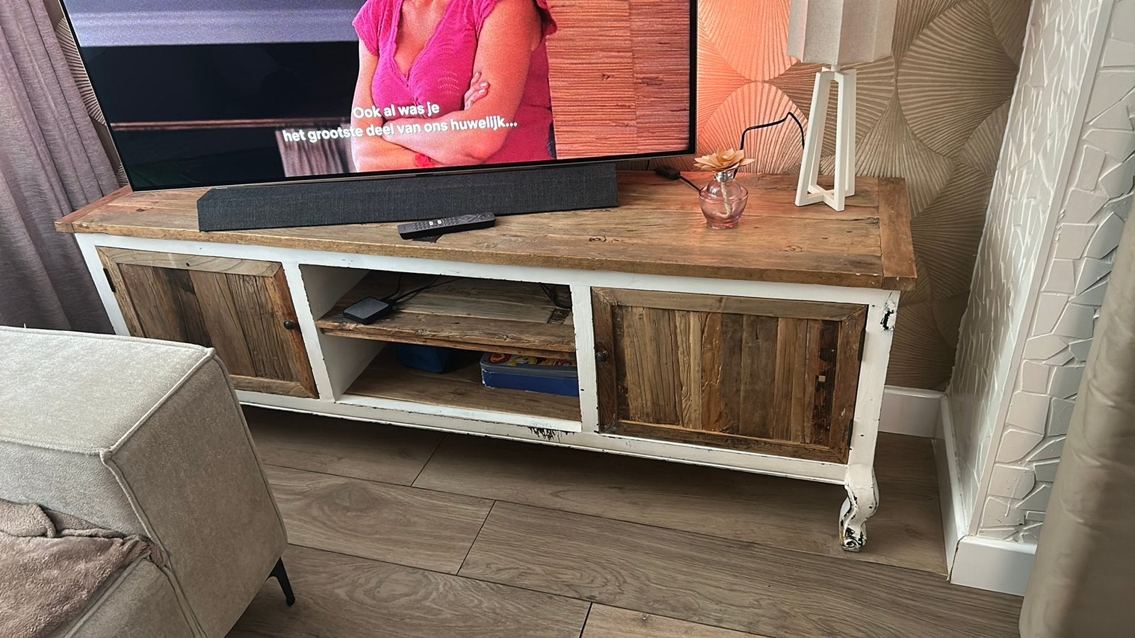 Riviera maison tvmeubel, Ophalen, Gebruikt, 150 tot 200 cm, Minder dan 100 cm