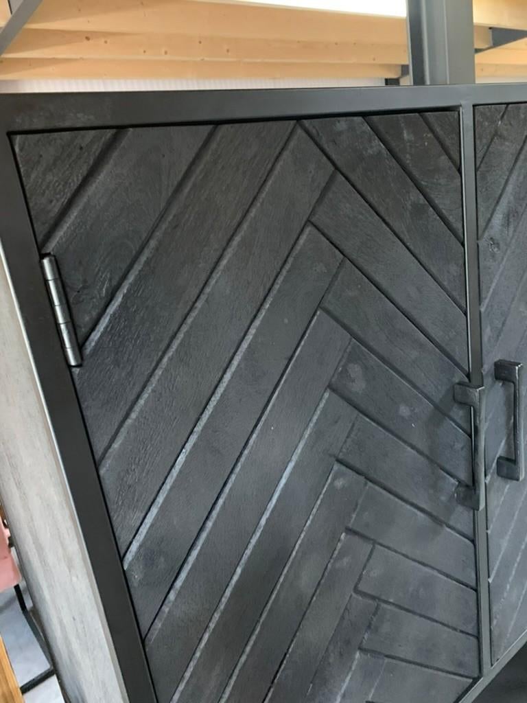 Vakkenkast visgraat zwart, kast, gezandstraald mangohout, Overige houtsoorten, Met deur(en), 200 cm of meer, Nieuw