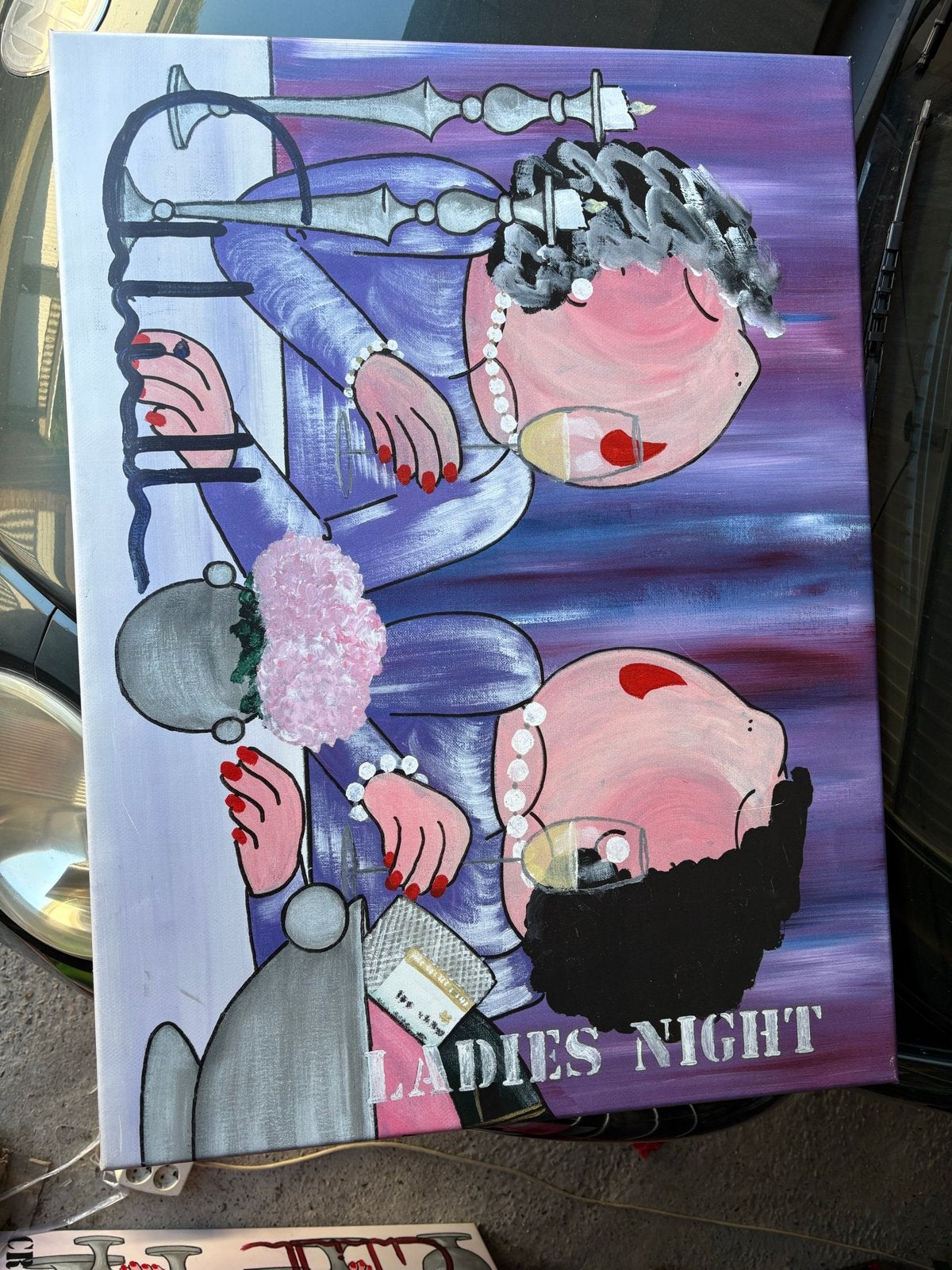 Dikke Dames Schilderij - Ladies Night - 80x60 cm, Handgeschilderd, Ophalen of Verzenden, Textiel, Figuren