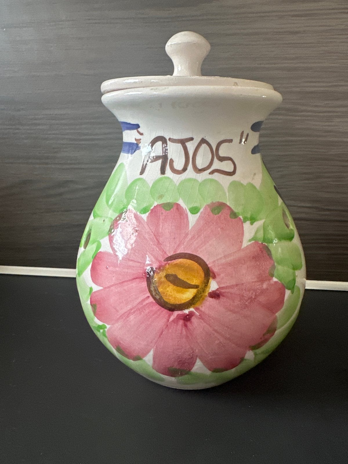 Decoratieve knoflookpot met bloemmotief, Ophalen, Gebruikt, Voorraadpot, Steen/keramiek
