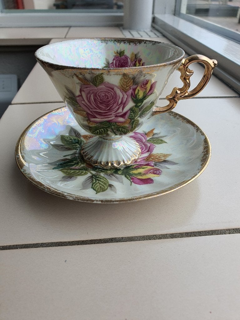 Vintage parelmoer theekop & schotel met roos, Ophalen of Verzenden