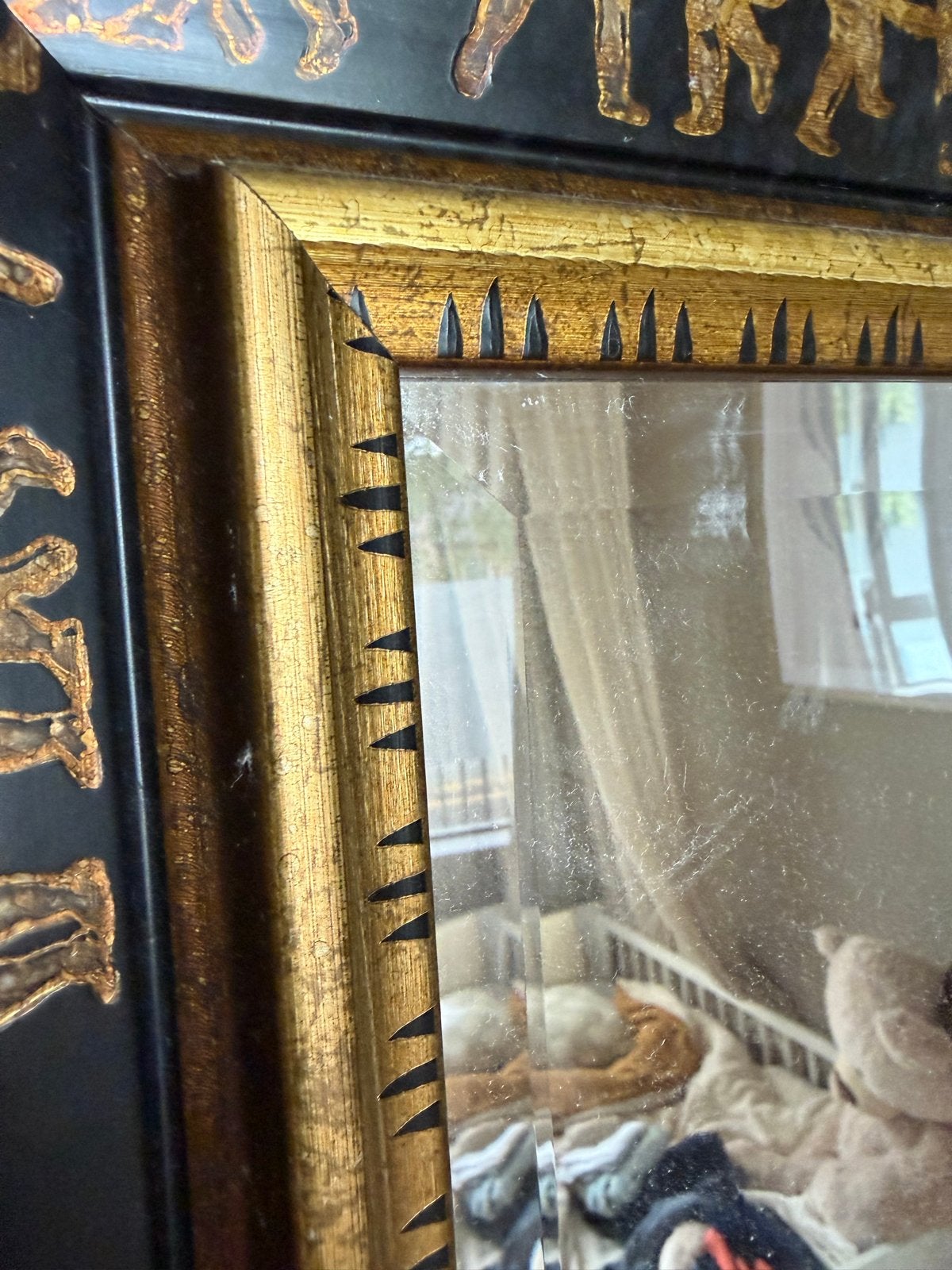 Grote spiegel met engel details - Zwart en goud, Huis en Inrichting, Ophalen, Gebruikt, 75 tot 100 cm, 150 tot 200 cm