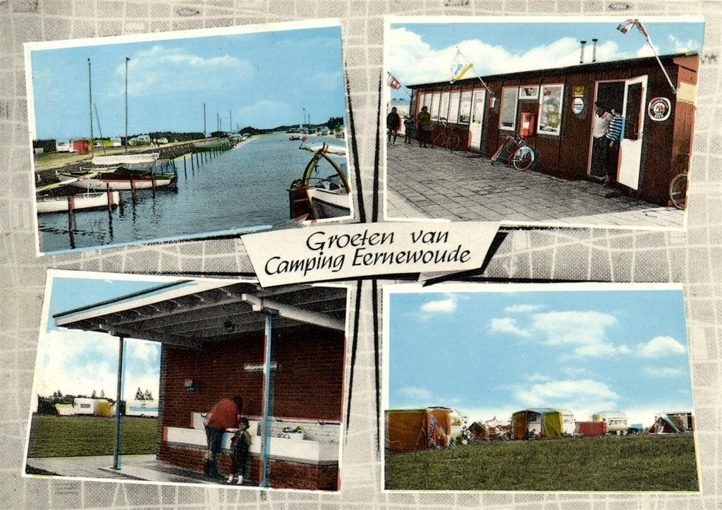 Groeten van Camping Eernewoude - 4 afb o.a. boten - 1968 gel, Ophalen of Verzenden, 1960 tot 1980, Gelopen, Friesland