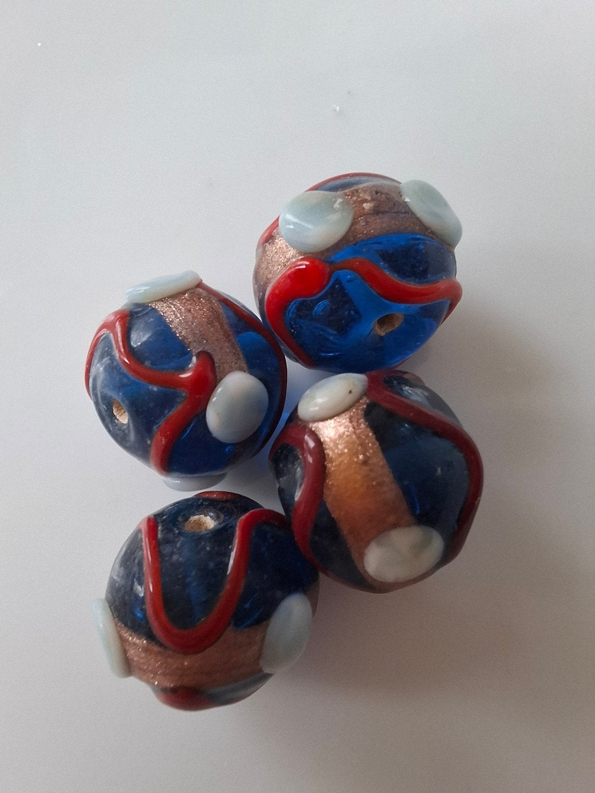 4 stuks luxe lampwork glaskralen blauw rood wit goud kralen, Kraal, -, -, Nieuw