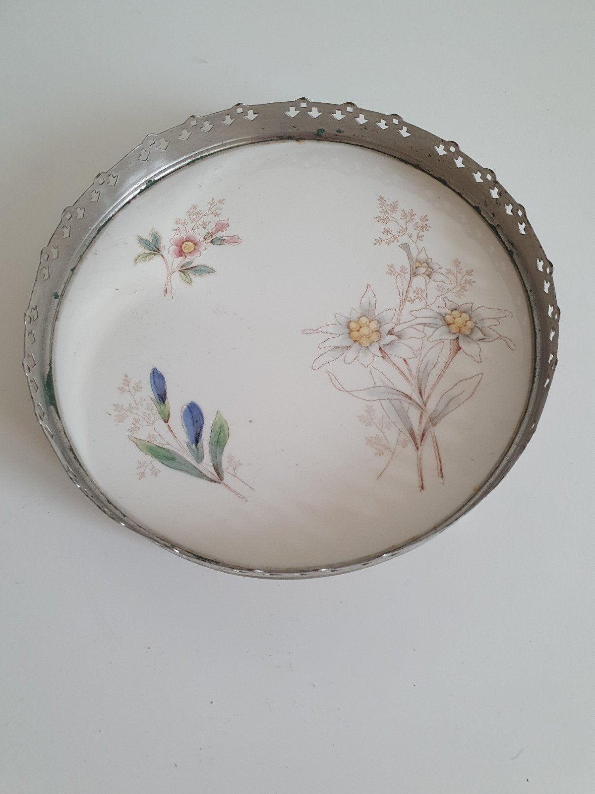 Antiek vintage dienblad/flessenonderzetter 17,5 cm, Ophalen of Verzenden