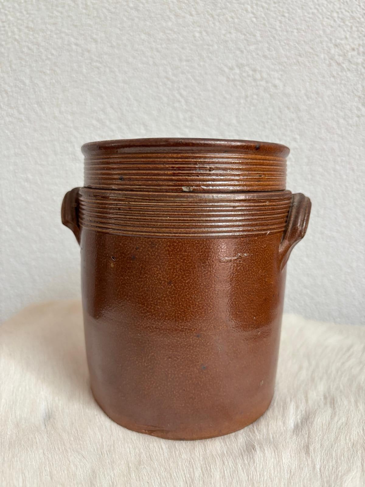 Franse brocante grespot, bruin, 14.5 cm hoog, Ophalen of Verzenden, Glas, Overige stijlen, Overige typen