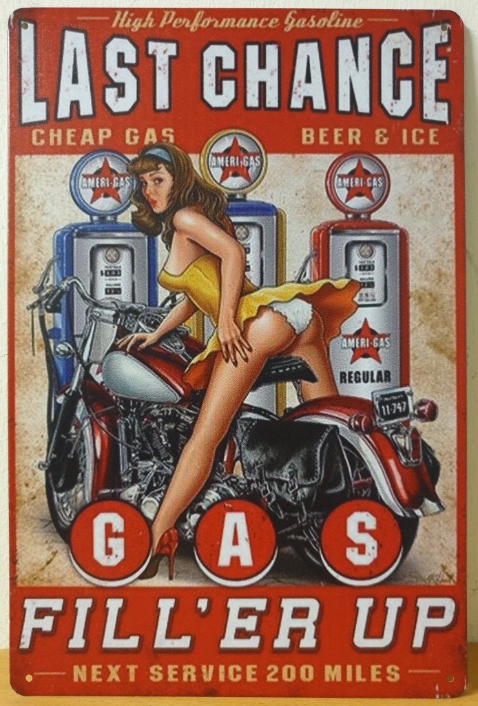 Last chance pinup benzinepomp reclamebord van metaal deco, Info@deconoord.nl, Deco Noord, Nieuw, Ophalen of Verzenden