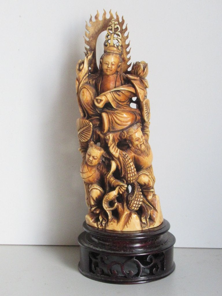 guan yin in ivoor met oude wijze en kind, Antiek en Kunst, Minder dan 20 cm, Natuurlijk materiaal, Handgemaakt, Ophalen of Verzenden