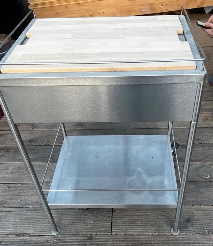 IKEA RVS Keuken Trolley met Houten Plank - 90x60x50 cm, Gebruikt, IKEA, Ophalen of Verzenden, Metaal