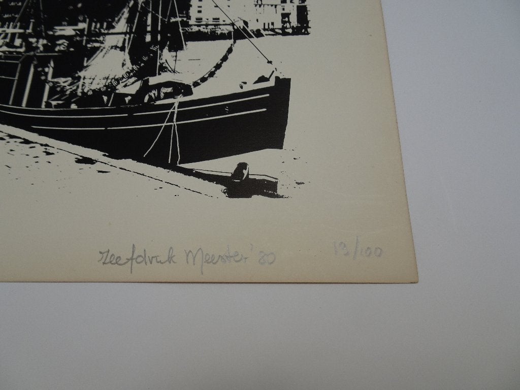 zeefdruk vissershaven Vlissingen, Meester 1980, 1950 - 1999, Stadsgezicht, Ophalen of Verzenden, Origineel